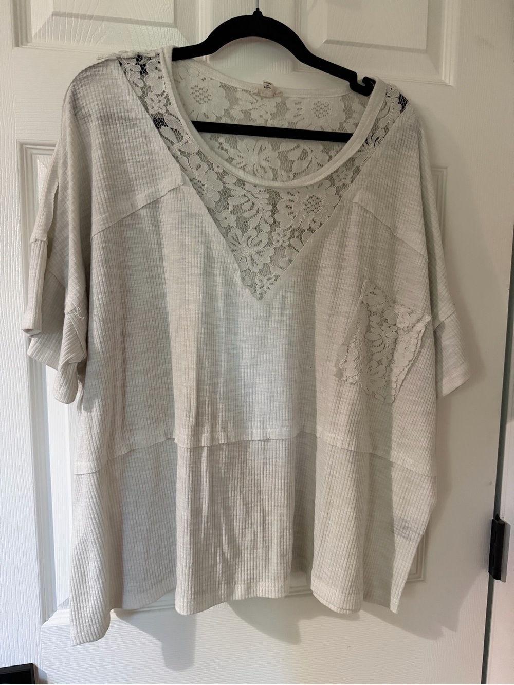 POL Lace-Inset Short Sleeve Tee in Light Beige